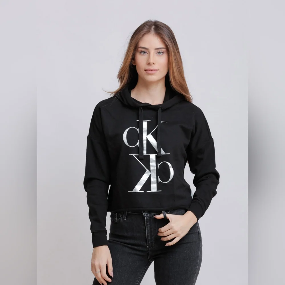 Calvin Klein Jeans Cropped Hoodie Black with Large CK Logo – Size S - Picture 1 of 9
